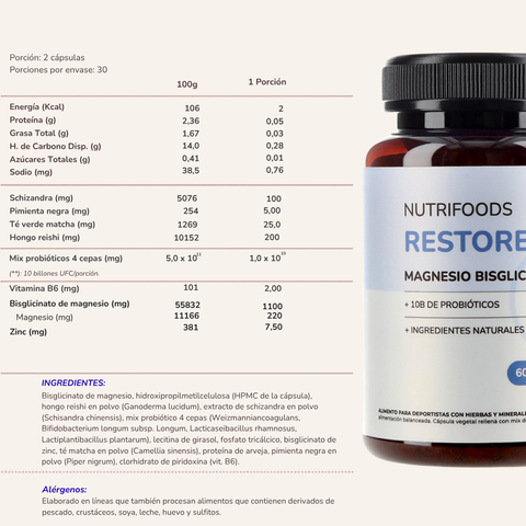 Restore | Magnesio Bisglicinato 1100mg con Reishi y Zinc